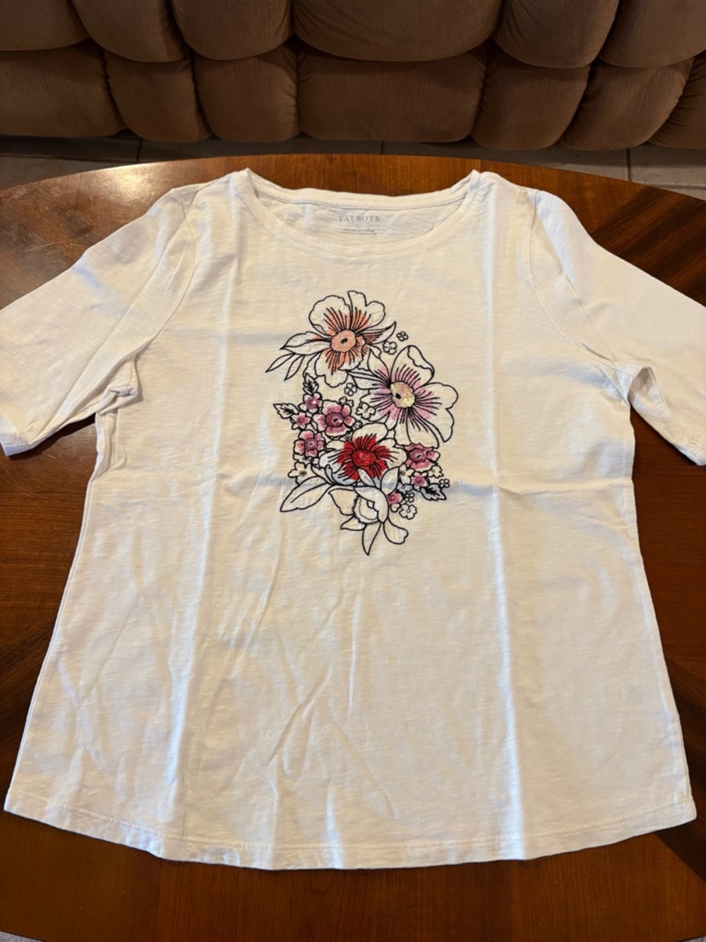 Talbots Women’s IvoryShort-Sleeve Tee with Pink and Red Floral Print
